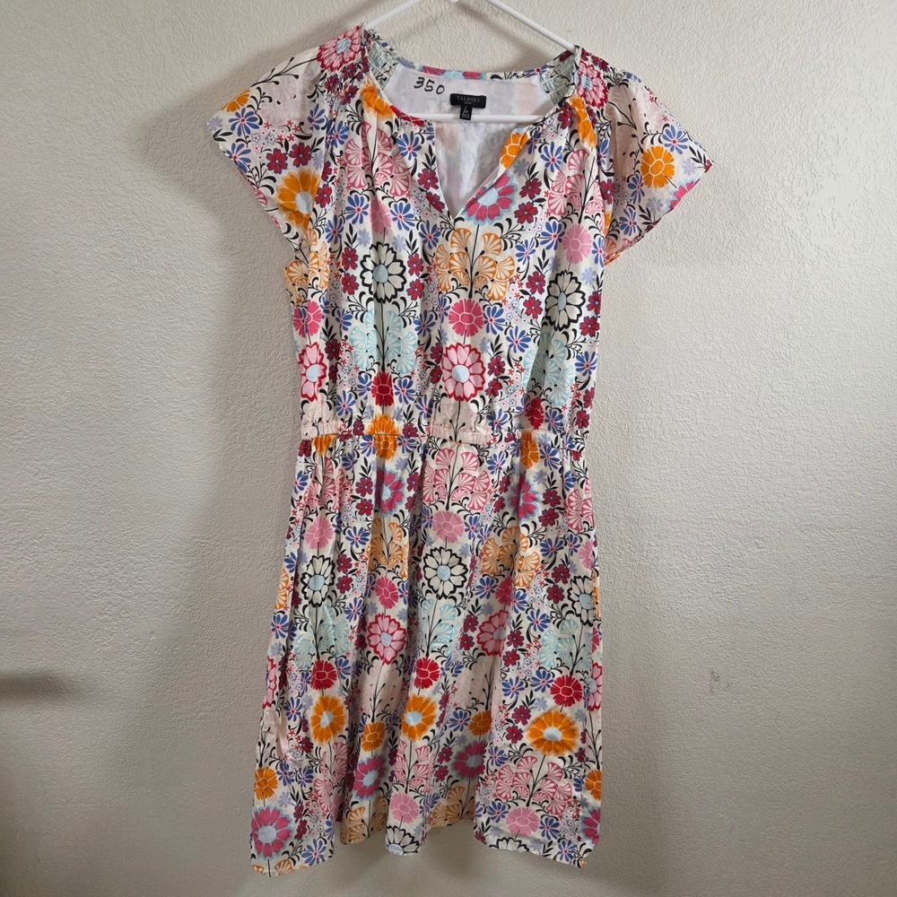 Talbots Petite Floral Fit & Flare Dress 12P Multicolor V-Neck Smocked Cotton